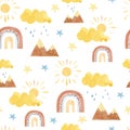 Watercolor cute kids boho rainbow seamless pattern with sun,stars, mountaine and sky. Childish nursery landscape mountaine pattern