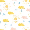 Watercolor cute kids seamless pattern with sun, sky cloud, run. Childish nursery abstract pattern for baby shower Royalty Free Stock Photo