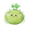 Watercolor cute kohlrabi cartoon character. Vector illustration