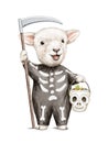 Watercolor cute lamb character in skeleton halloween costume with skull candy bucket Royalty Free Stock Photo