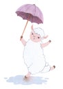 Watercolor cute lamb with an umbrella