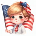 Watercolor Cute little boy with American flag isolated on white background. Royalty Free Stock Photo