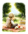 Watercolor cute little boy in vintage clothes hugging a velvet plush rabbit toy on picnic plaid in meadow