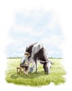Watercolor cute little boy in vintage clothes sit on chair in meadow and milk a cow Royalty Free Stock Photo