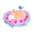 Watercolor cute little fox sleeping in forest surrounded by flowers and leaves