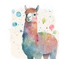 Watercolor cute llama. Hand drawn llama illustration. Watercolor llama