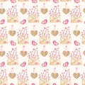 Watercolor cute love seamless pattern. Hand drawn Valentine's day background with craft envelope, wood branches