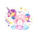 Watercolor cute magic pink unicorn with rainbow, clouds and star isolated Royalty Free Stock Photo