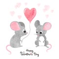Watercolor cute mice in love. Valentine`s day card