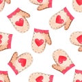 Watercolor cute mittens seamless pattern on white background