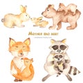 Watercolor cute mother and baby fox, bear, rabbit, raccoon. Royalty Free Stock Photo