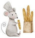 Watercolor cute mouse-baker eats a baguette, a bag of French baguettes, a hand-drawn illustration
