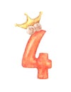 Watercolor cute number 4. number four with crown.