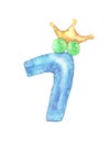 Watercolor cute number 7. number seven with crown.