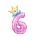 Watercolor cute number 6. number six with crown.