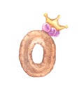 Watercolor cute number 0. number zero with crown.