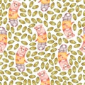 Watercolor cute nursery naive hand painted seamless pattern with bear, green leaves. Childish Handpainted print on white