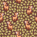 Watercolor cute nursery naive hand painted seamless pattern with deer, green leaves. Childish Handpainted print on dark