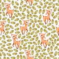 Watercolor cute nursery naive hand painted seamless pattern with deer, green leaves. Childish Handpainted print on white