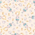 Watercolor cute nursery naive hand painted seamless pattern with princess hearts crown. Childish Handpainted print