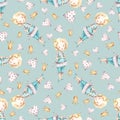 Watercolor cute nursery naive hand painted seamless pattern with princess hearts crown. Childish Handpainted print