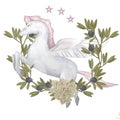 Watercolor cute nursery pegasus. Little fantasy white pony with pink hair and olive branch. Cute character. Child