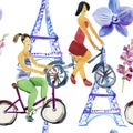 Watercolor cute pattern, girls on bikes. Seamless background.