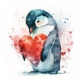 Watercolor Cute Penguin Holding a Big Red Heart Valentine`s Day