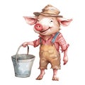 Watercolor Cute Pig With Hat and Jump Suit Bring Bucket