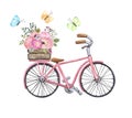 Watercolor cute pink bicycle with flowers and butterflies, hand painted illustration, isolated Royalty Free Stock Photo