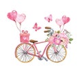Watercolor cute pink bicycle with flowers, holiday gift box and heart shaped air balloon, isolated on white background Royalty Free Stock Photo