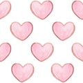Watercolor cute pink heart seamless pattern on white background