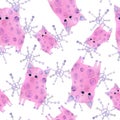 Watercolor cute pink pigs and light violet snowflakes seamless pattern