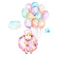 Watercolor cute pink sheep, air balloons and clouds illustration