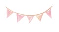 Watercolor cute pink triangle flags garland for holiday and birthday party isolated on white background Royalty Free Stock Photo