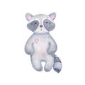 Watercolor cute raccoon baby girl with pink heart