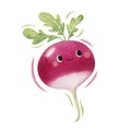 Watercolor cute radish cartoon character. Vector illustration