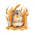 Watercolor cute rat, mouse, hamster in wheat field, isolated on white background, ai generation Royalty Free Stock Photo