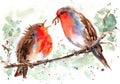 Watercolor cute Robin Birds on Branch Painting