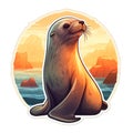 Watercolor cute sea lion, seal, sea animal icon sticker hand drawn character painted isolated on white Royalty Free Stock Photo