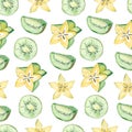 Watercolor cute seamless pattern baby tropical fruits. Hand painted exotic coctails on white background. Kiwi, Star fruit, summer Royalty Free Stock Photo