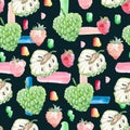 Watercolor cute seamless pattern baby tropical fruits and spot, stroke. Royalty Free Stock Photo