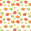 Watercolor cute seamless pattern with bright citrus grapefruit ,orange, lemon and kiwi on the white background.