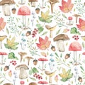 Watercolor cute seamless pattern forest fall leaves, mushrooms, berries for holiday, greeting cards, posters, books, envelopes