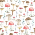 Watercolor cute seamless pattern forest leaves and mushrooms for holiday, greeting cards, posters, books, envelopes, photo album,