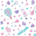 Watercolor cute seamless pattern. Hand drawing turquoise, pink and lilac illustration on a white background. For a