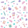 Watercolor cute seamless pattern. Hand drawing turquoise, pink and lilac illustration on a white background. Perfect for