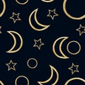 Watercolor cute seamless pattern with various moon phases ansd space isolated on white background. Hand painted retro design
