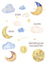 Watercolor cute set sun, clouds, moon, half moon, stars, raindrops closeup isolated on a white background. Hand painting on paper