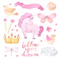 Watercolor pink unicorn illustration set Royalty Free Stock Photo